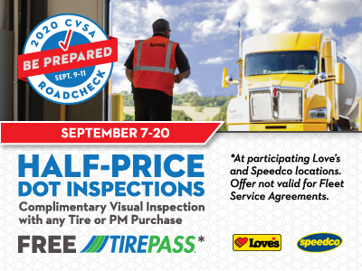 half priced DOT inspections and free TirePass at Love's for CVSA Roadcheck