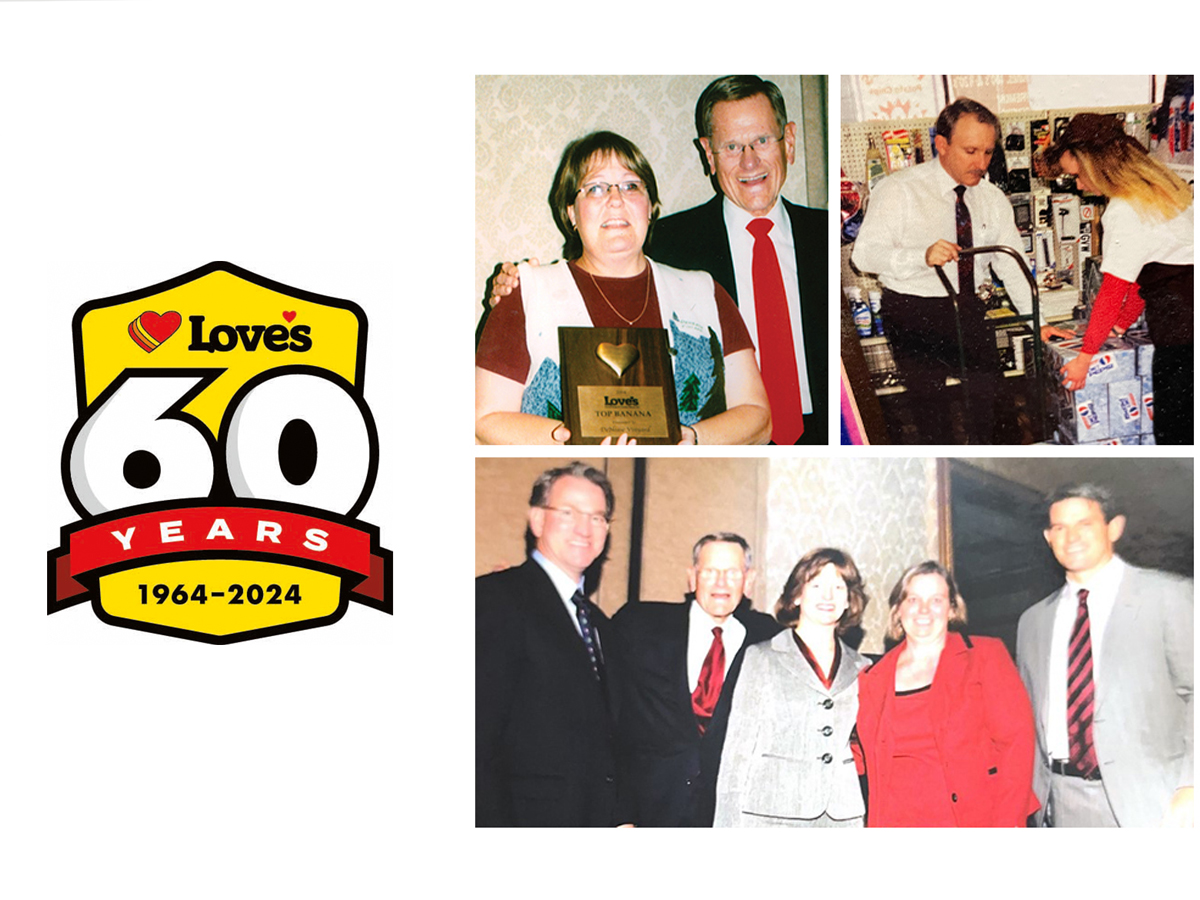 A photo of the Love's 60th anniversary logo and employees.