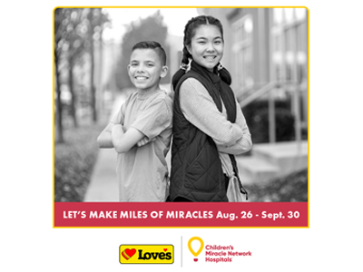 CMN Hospitals patients standing back to back with text "let's make miles of miracles Aug. 26-Sept. 30