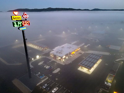 aerial shot of fog over loves in Mosheim Tennessee 