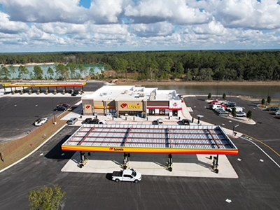 aerial drone shot of Milton, Florida, Love's Travel Stops during the daytime