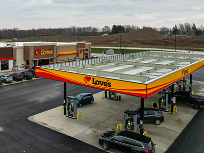 Front of the Love's Travel Stop store and the gas canopy. 
