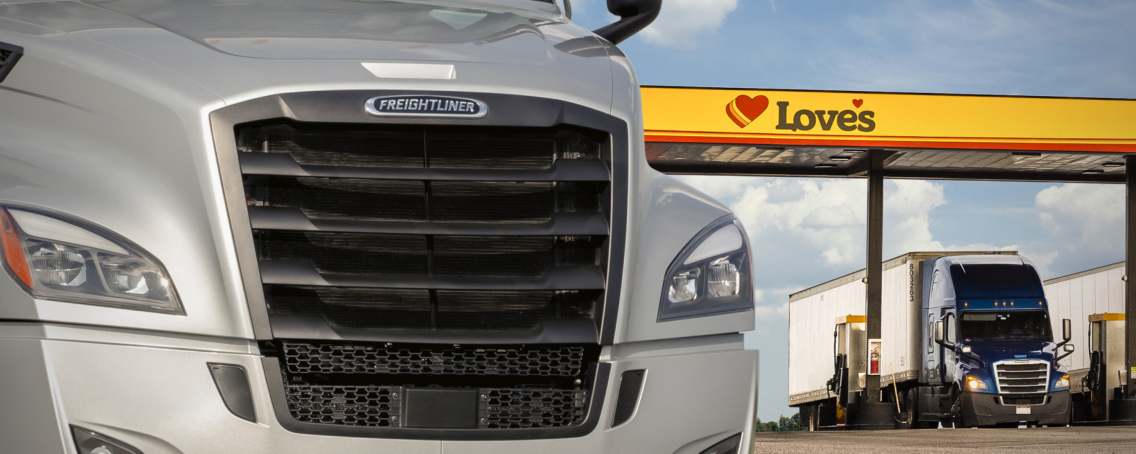 A photo of a Freightliner truck at a Love's Travel Stops