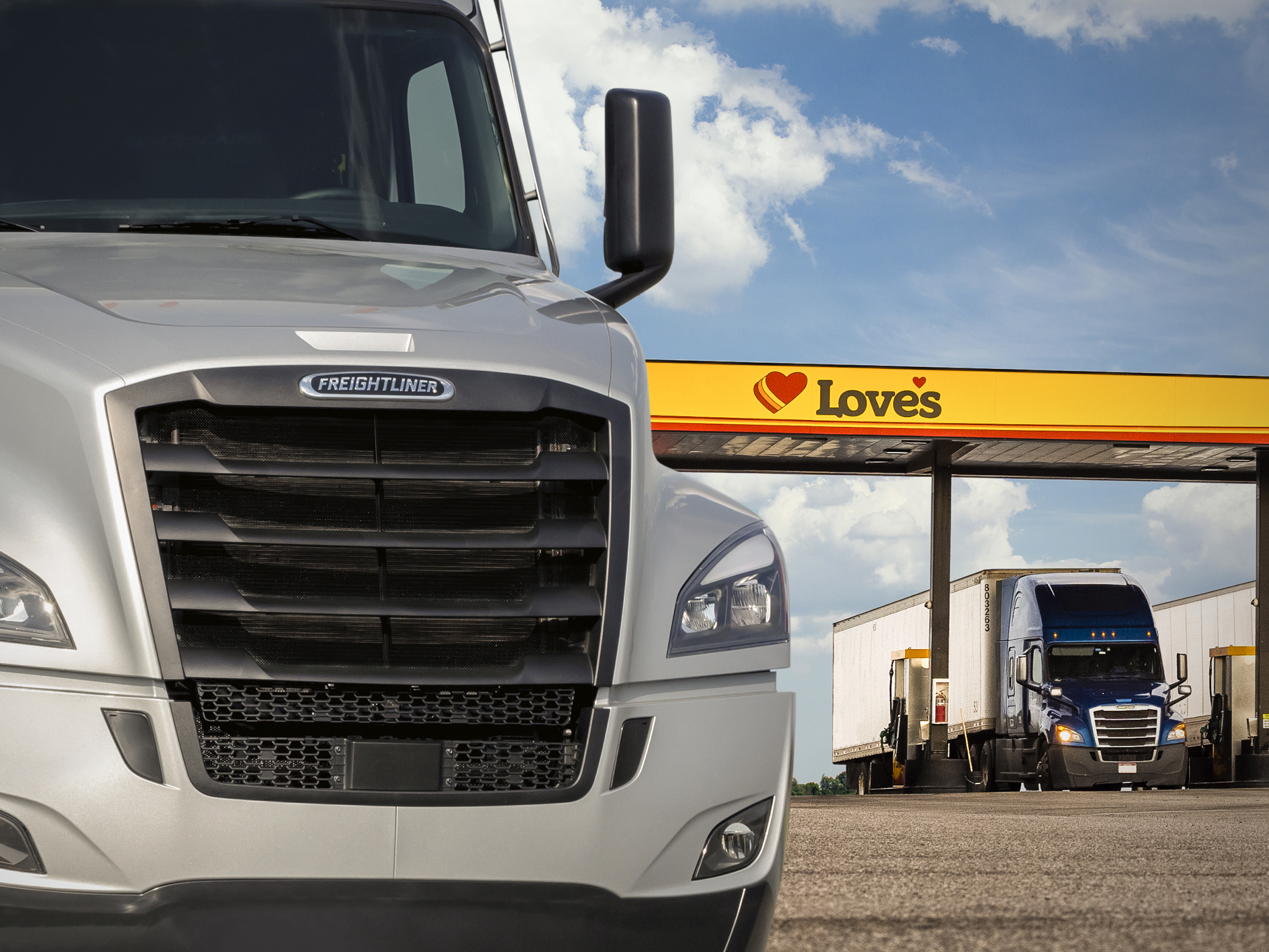 A photo of a Freightliner truck at a Love's Travel Stops