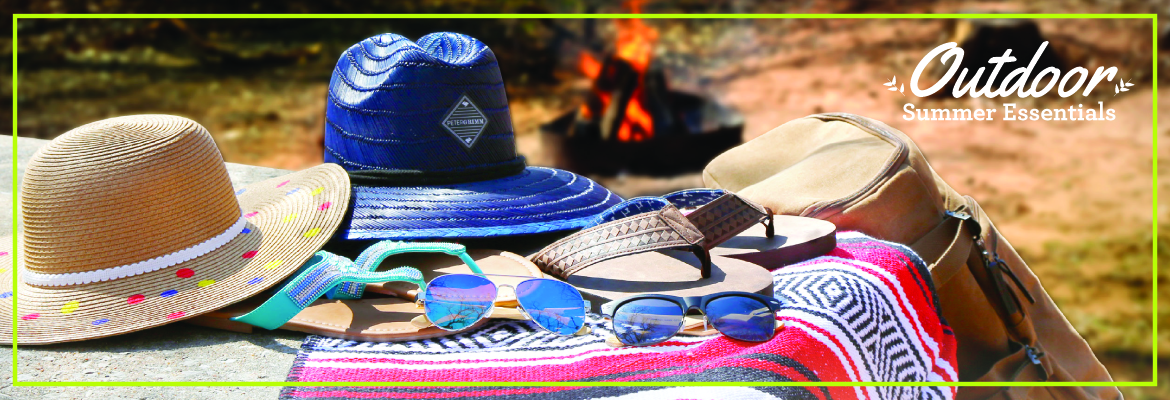 Campfire with summer hats, blanket and sunglasses - all items available at Love's Travel Stop