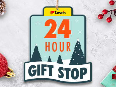 24 hour gift shop graphic with christmas trees and ornaments.