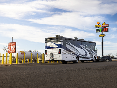 Photo of an RV at the propane refill station at a Love's Travel Stop