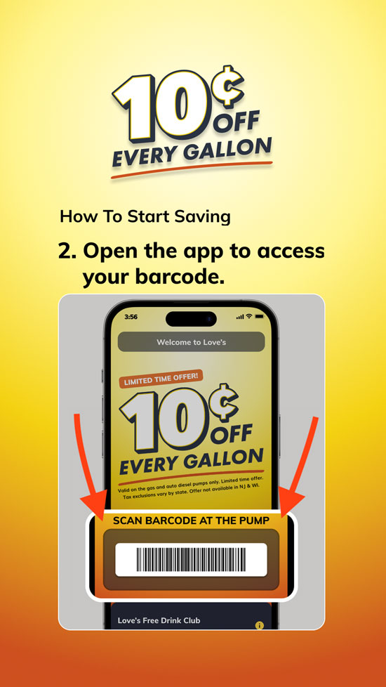 Image showing second step of claiming 10 cent discount. Shows a barcode in the Love's Connect App.