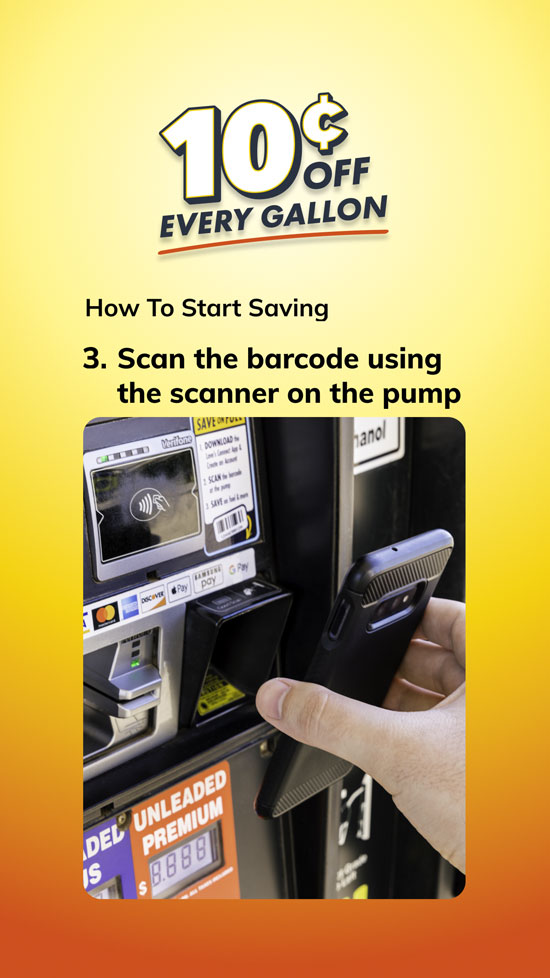 Image showing third step in claiming 10 cent discount. It shows a customer scanning their barcode at the pump