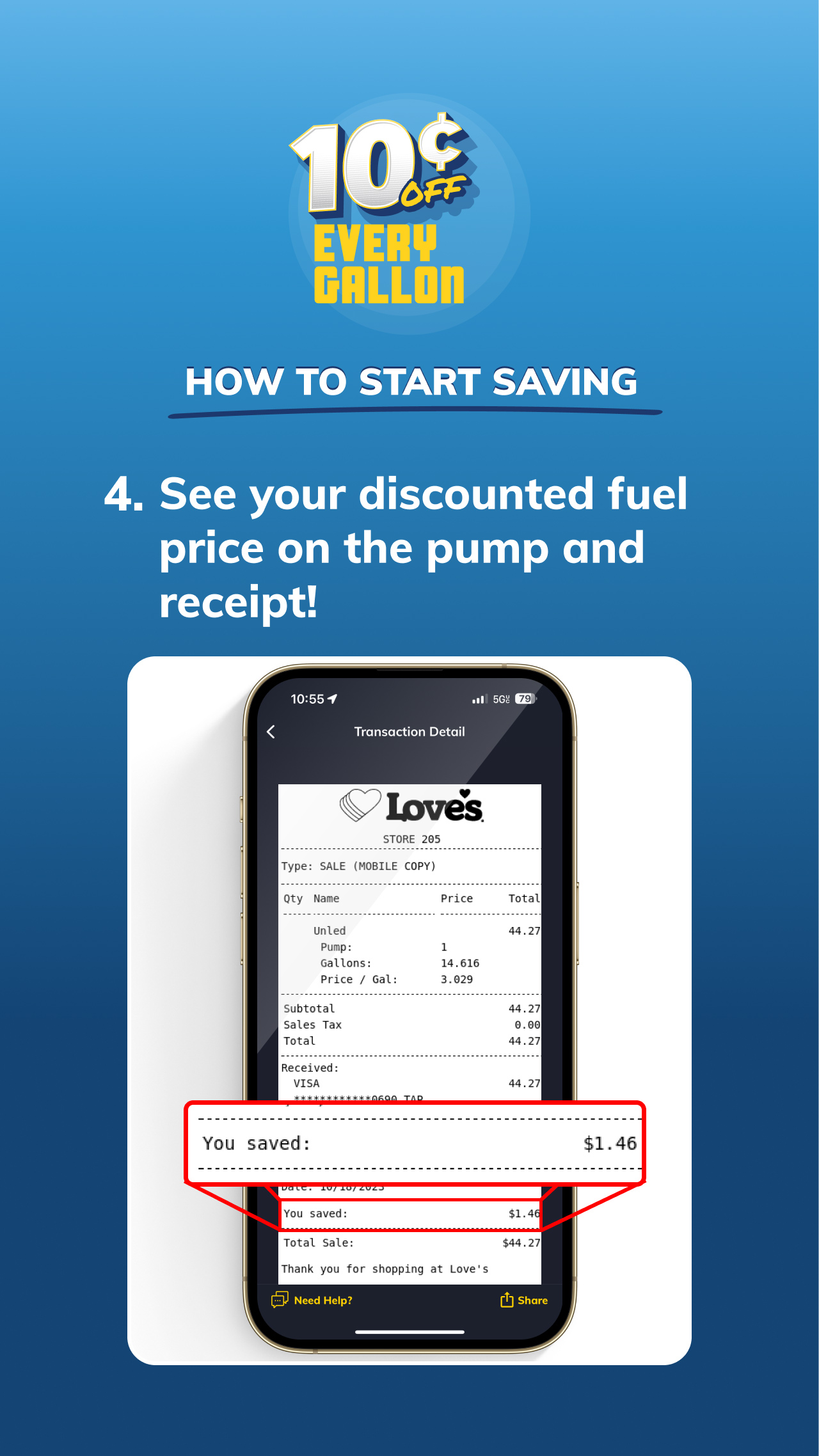 Step by step guide to saving 10¢ at the pump - showing your savings on the Love's Connect App