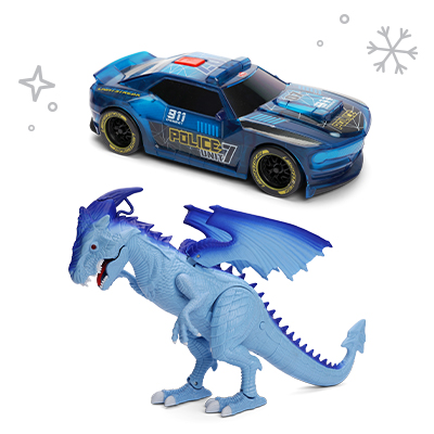 A photo of dinosaur and race car toys