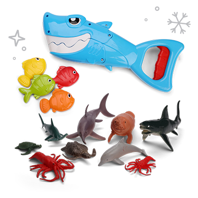 A shark grabber toy and mini marine animals