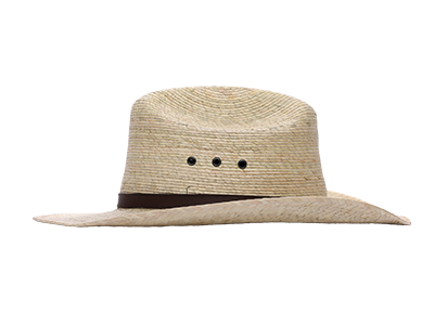 A white straw hat with brown belt
