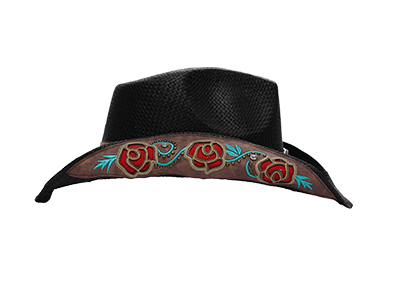A black straw hat with roses on the brim