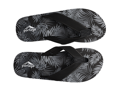 Black sandals with white palm tree leaves on it