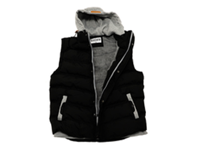 A black and grey zip up vest with a hood.