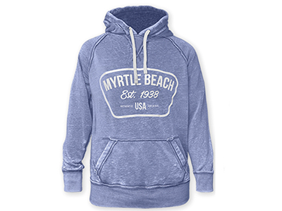 A denim Myrtle Beach hoodie.