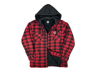 A red plaid sherpa-lined jacket