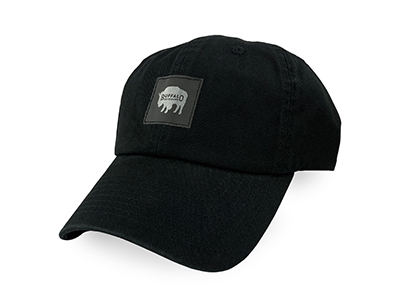 A black hat with a buffalo on the front of it.