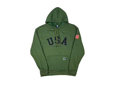A green hoodie with the words "USA" on the front