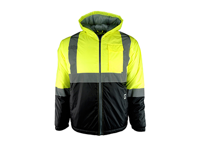 A high visibility jacket with no hood.