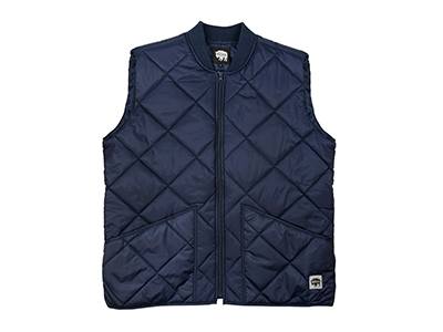 A men's blue insulated puffer vest