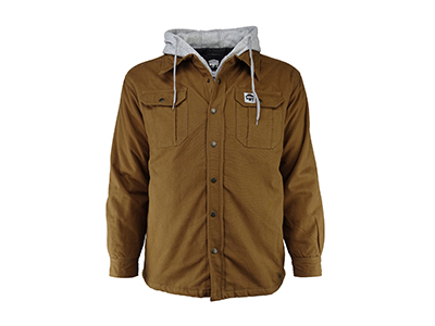 A brown work jacket with a hood