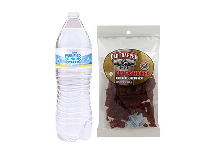 A Love's Purified Water and Old Trapper Jerky