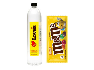 A Love's Premium Water and Peanut M&Ms