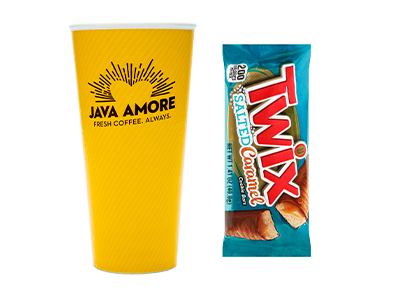Photo of a Java Amore coffee cup and Twix salted caramel bar