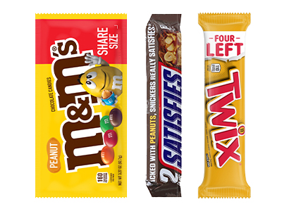 Photo of M&M's, Snickers and Twix candy bars