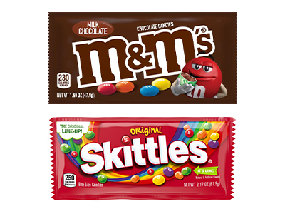 A pack of chocolate M&Ms and Skittles
