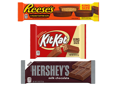 Three King Size candy bars: Kit-Kat, Hershey's and Reese's