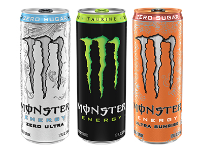 Three Monster Energy Drink cans