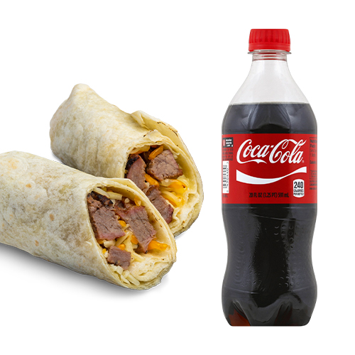 A pair of Hot to Go Tacos and a bottle of Coca Cola