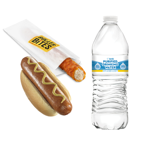 A hot dog, Roller Bite and a Love's Premium water bottle
