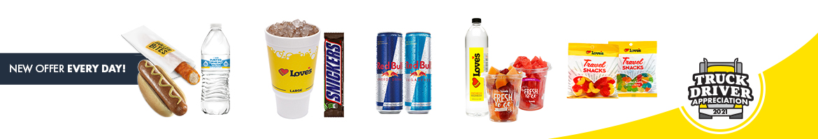 A graphic showing drinks and snacks for Driver Appreciation Month